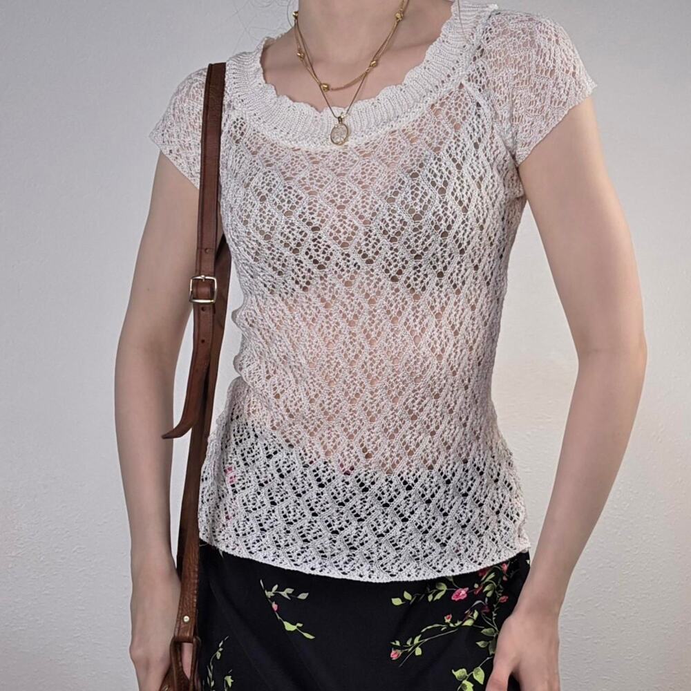 Y2K Sheer Knit Top Romantic Lace Mesh Blouse Studio Y 2000s Festival Size Small